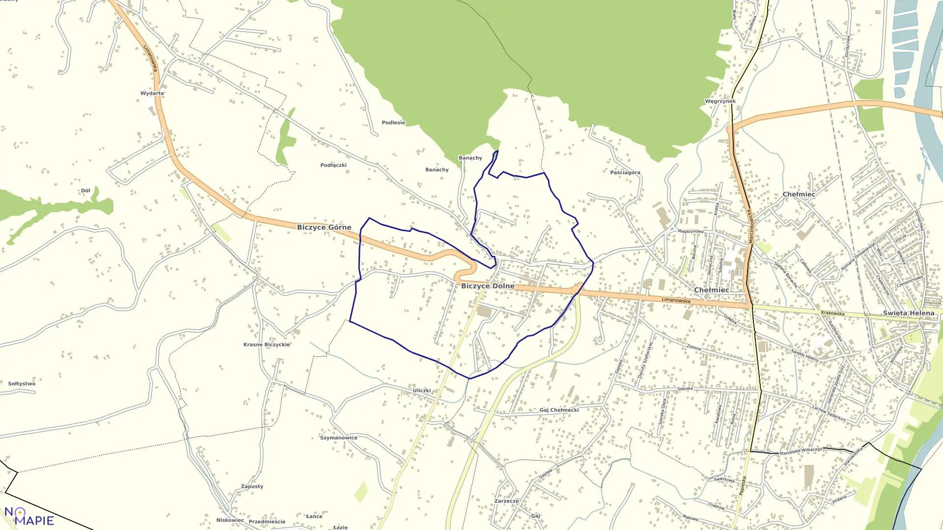 Mapa obrębu Biczyce Dolne w gminie Chełmiec