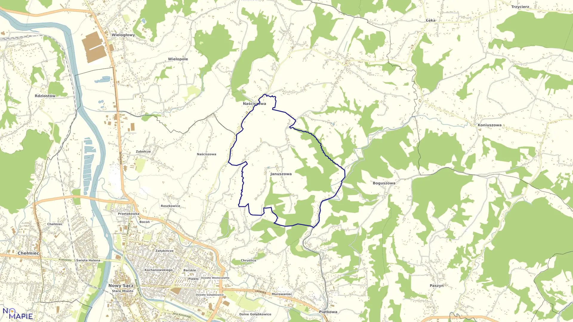 Mapa obrębu Januszowa w gminie Chełmiec