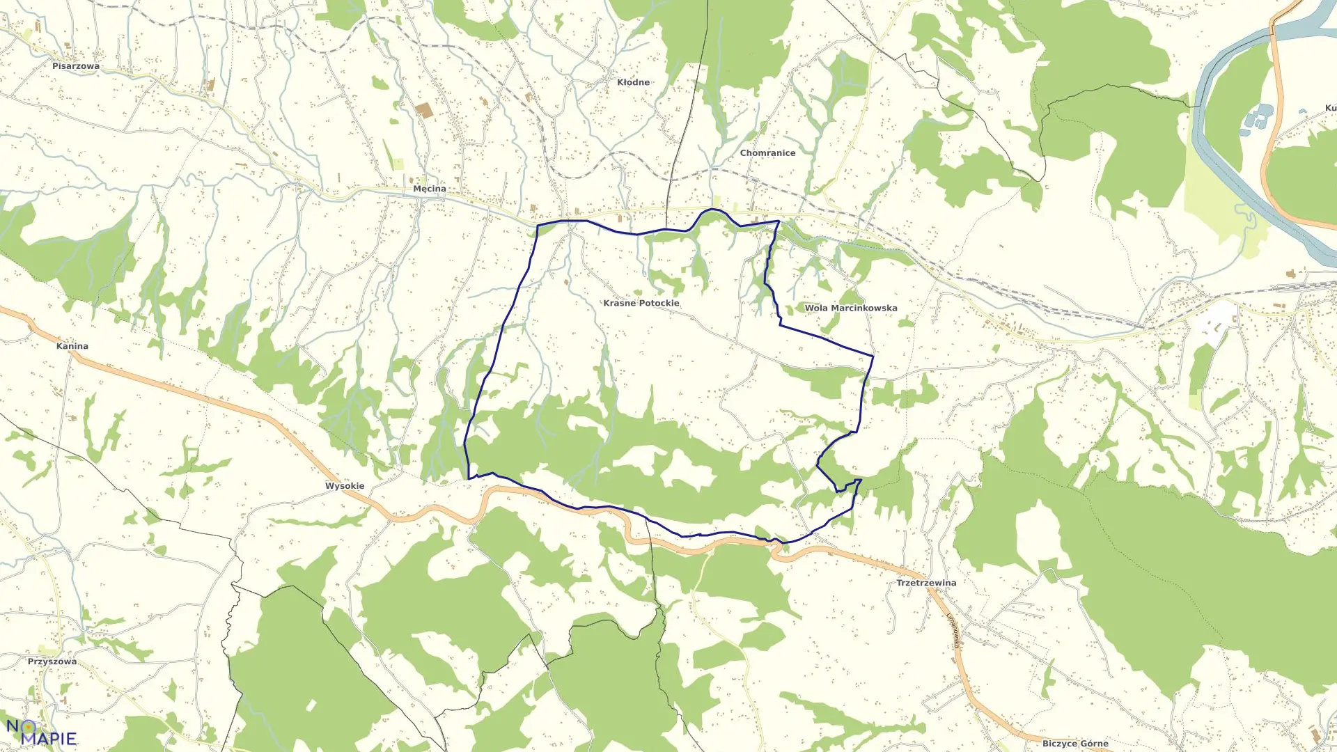 Mapa obrębu Krasne Potockie w gminie Chełmiec