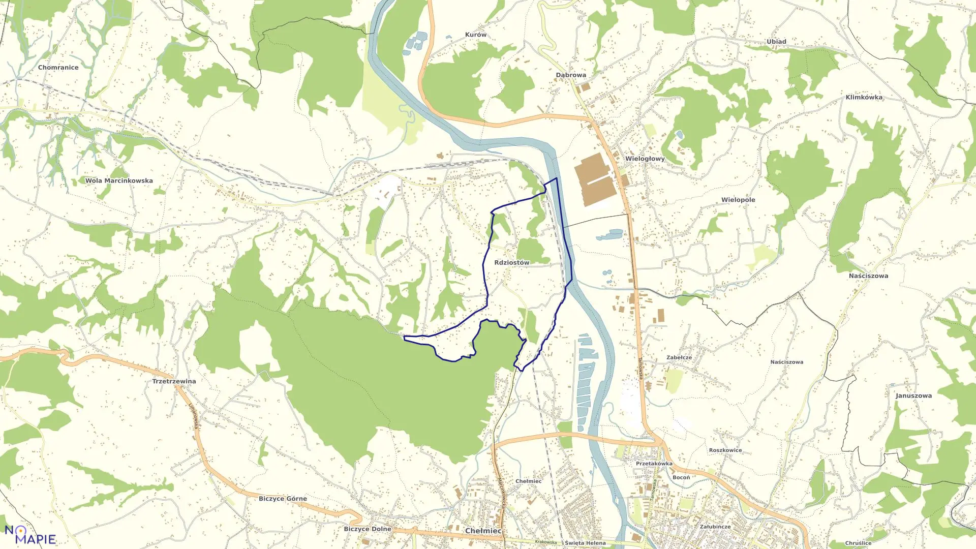 Mapa obrębu Rdziostów w gminie Chełmiec