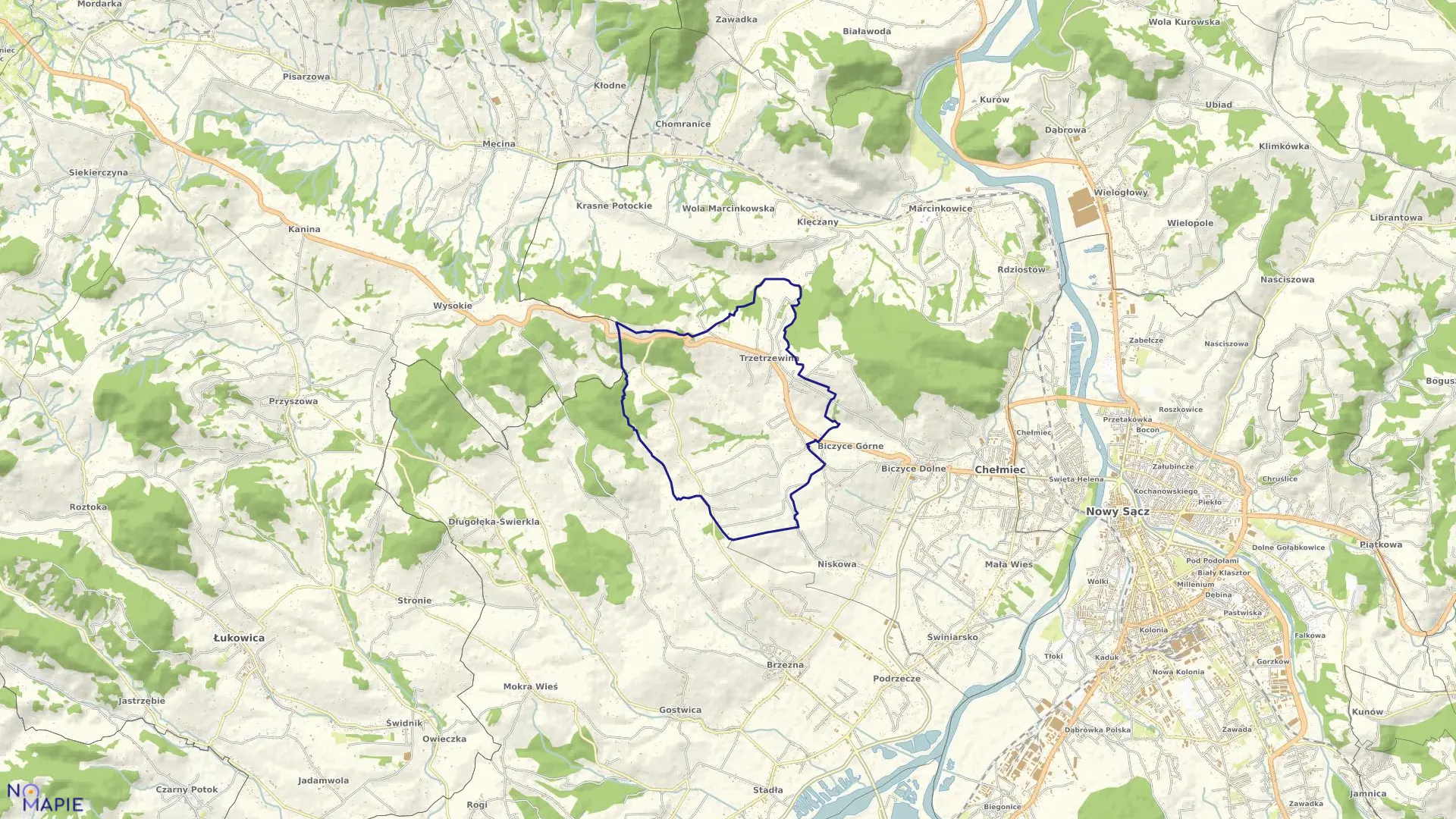 Mapa obrębu Trzetrzewina w gminie Chełmiec